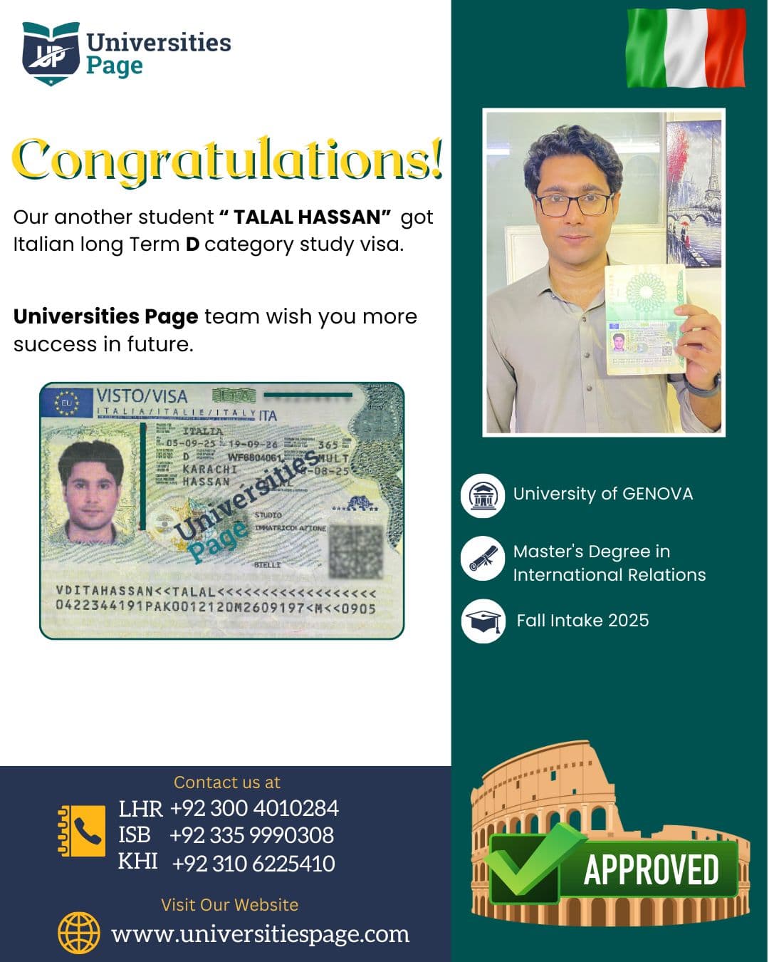 Success Story for Italy study visa by Universities page visa consultant in pakistan