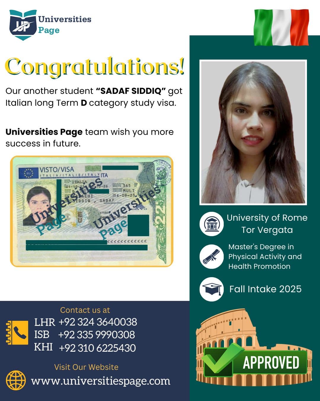 Success Story for Italy study visa by Universities page visa consultant in pakistan