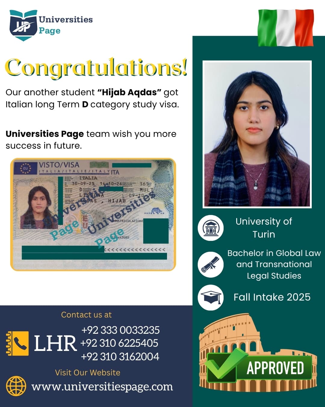 Success Story for Italy study visa by Universities page visa consultant in pakistan