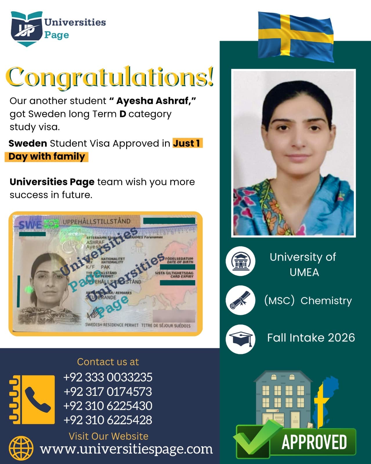 Success Story for Sweden Study Visa by Universities Page Visa Consultant in Lahore