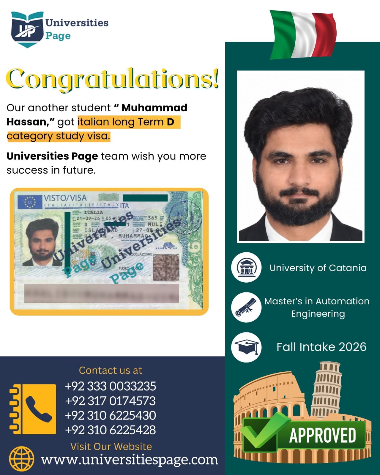 Success Story for Italy Study Visa by Universities Page Visa Consultant in Lahore