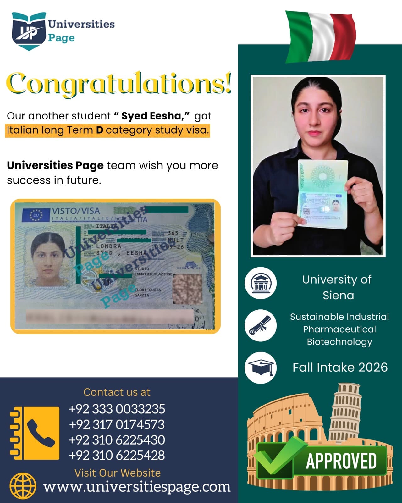 Success Story for Italy Study Visa by Universities Page Visa Consultant in Lahore